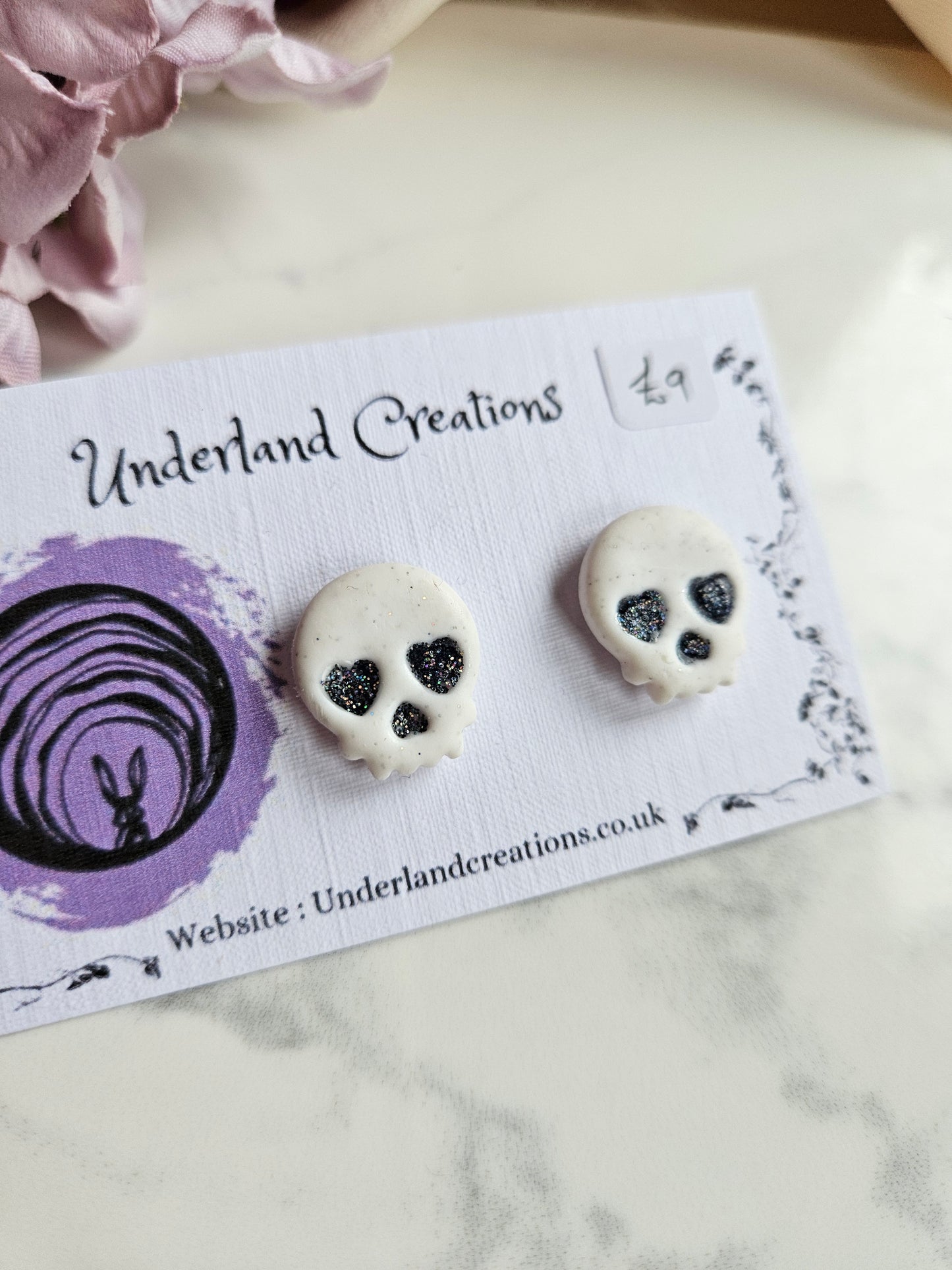 Skull Stud Earrings in "White Sparkles"
