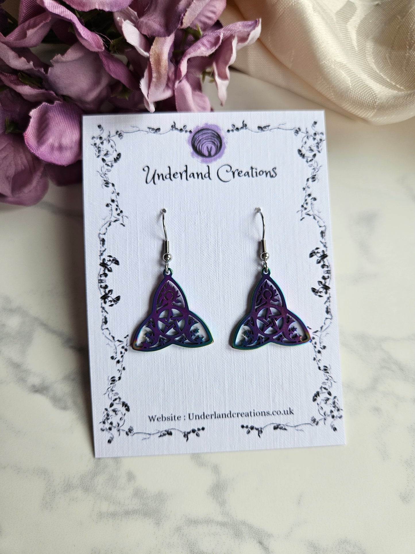 Rainbow Steel Mystical Triquetra Earrings