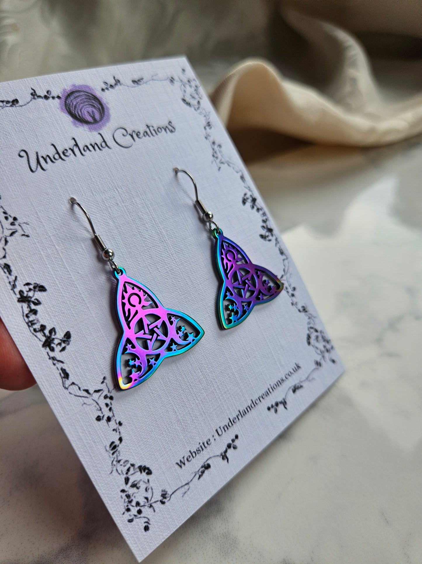 Rainbow Steel Mystical Triquetra Earrings