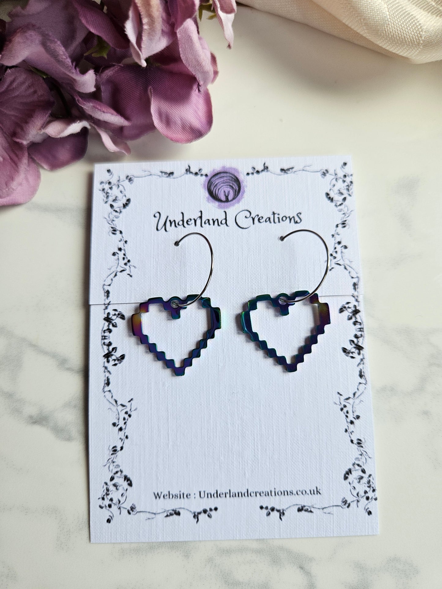 Rainbow Steel Pixel Heart Earrings
