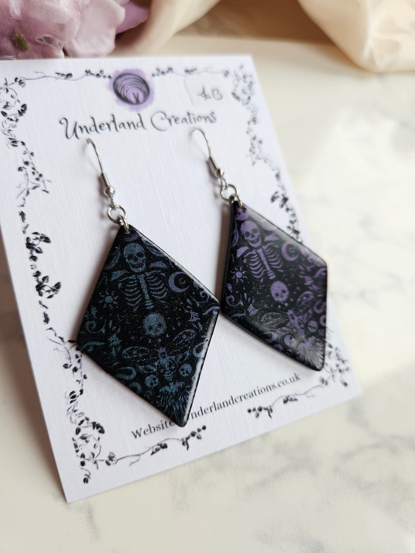 Skeleton Diamond Earrings in Black and Blue/Purple