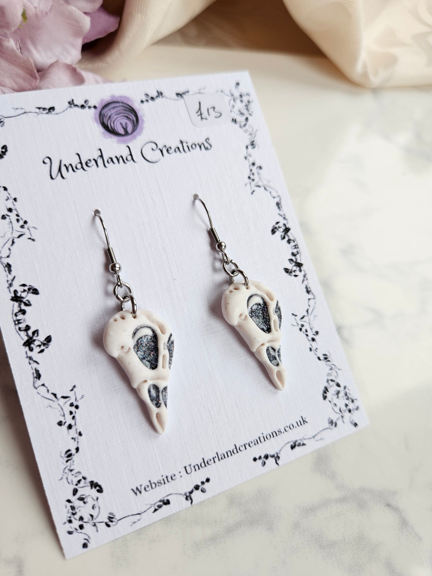 Bird Skull Earrings in "White Sparkles"