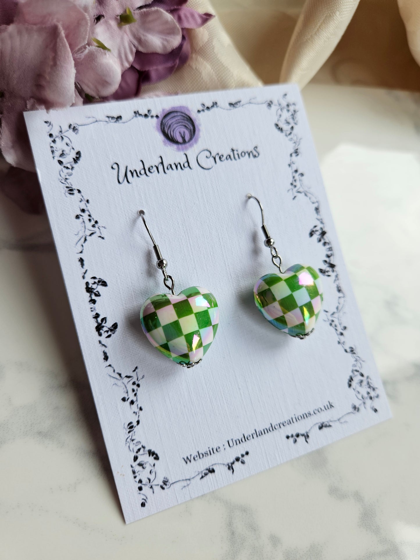 UV Plated Acrylic Checkered Heart Earrings