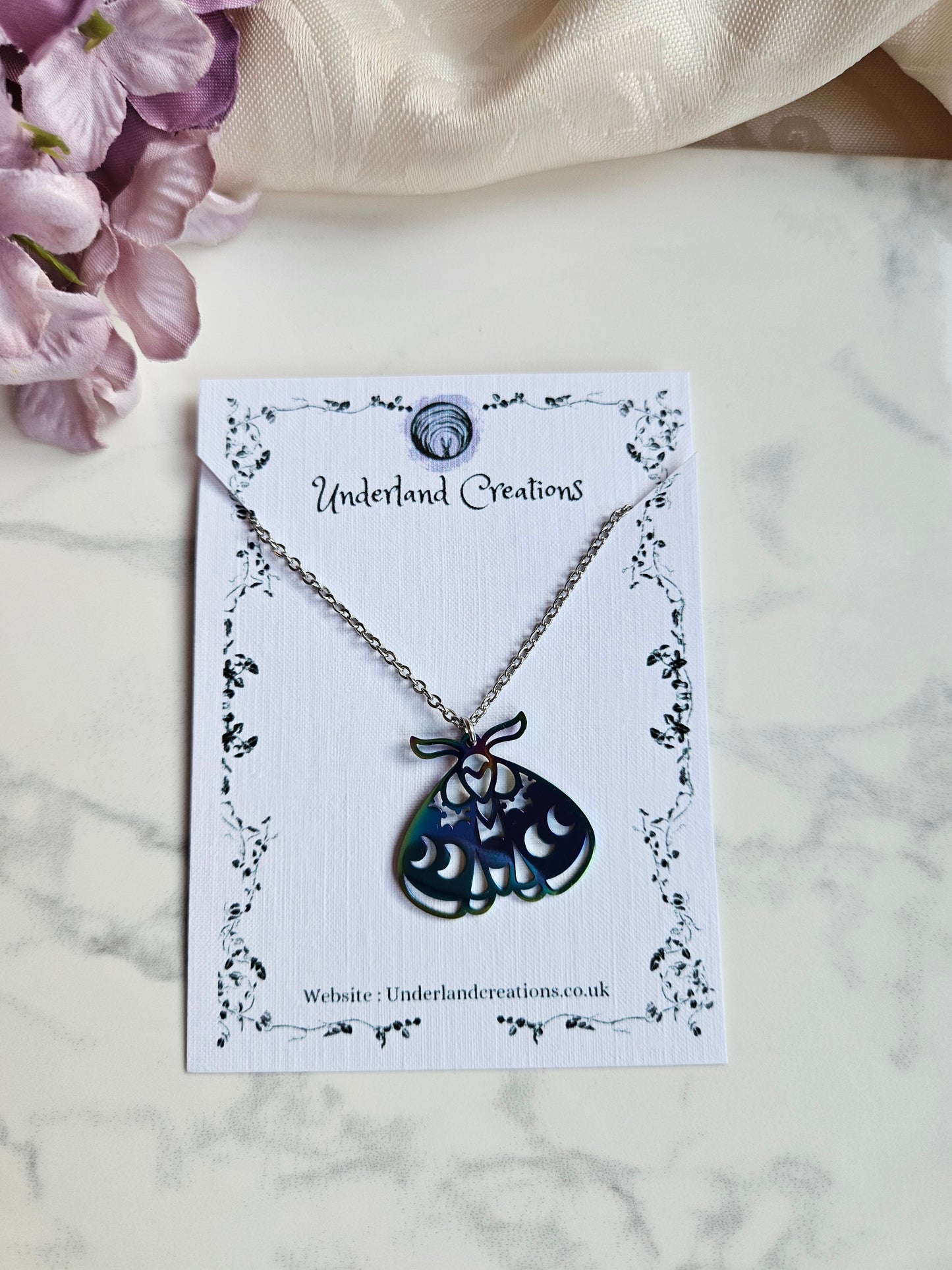 Rainbow Closed Wing Lunar Moth Necklace