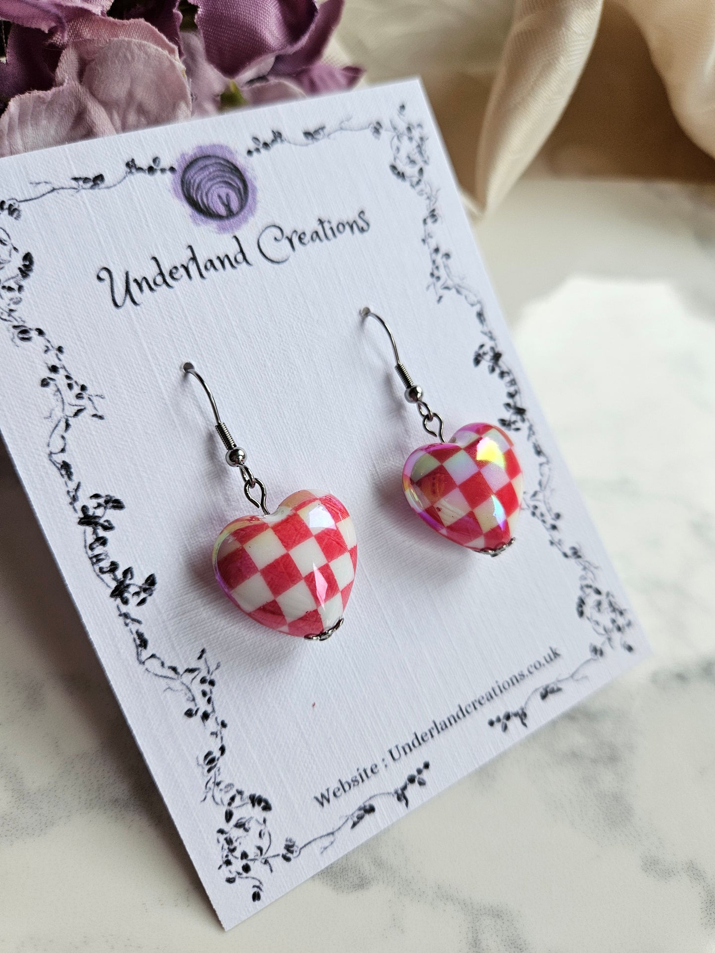 UV Plated Acrylic Checkered Heart Earrings