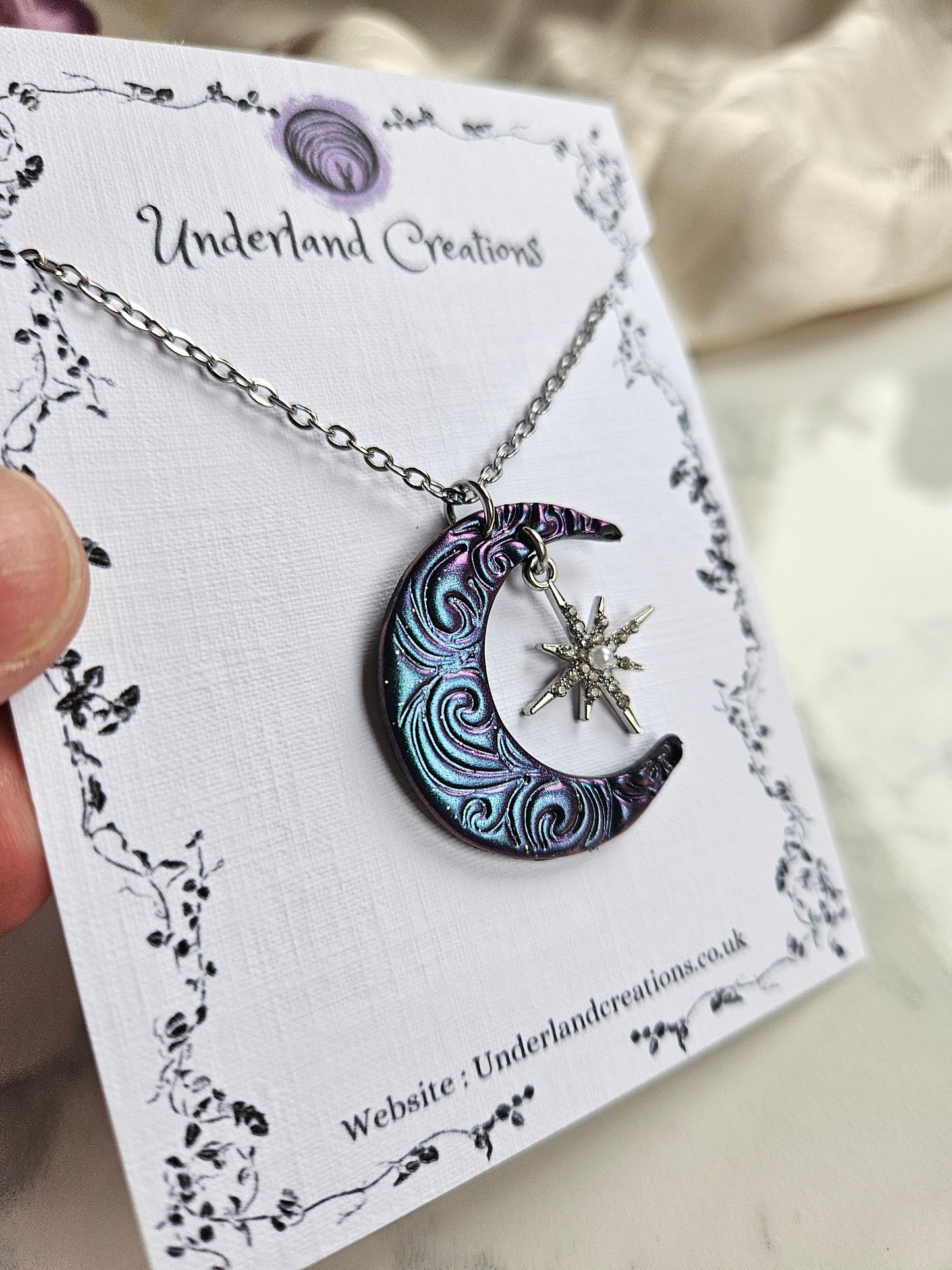 Swirly Moon Necklace in Metallic Purple/Blue