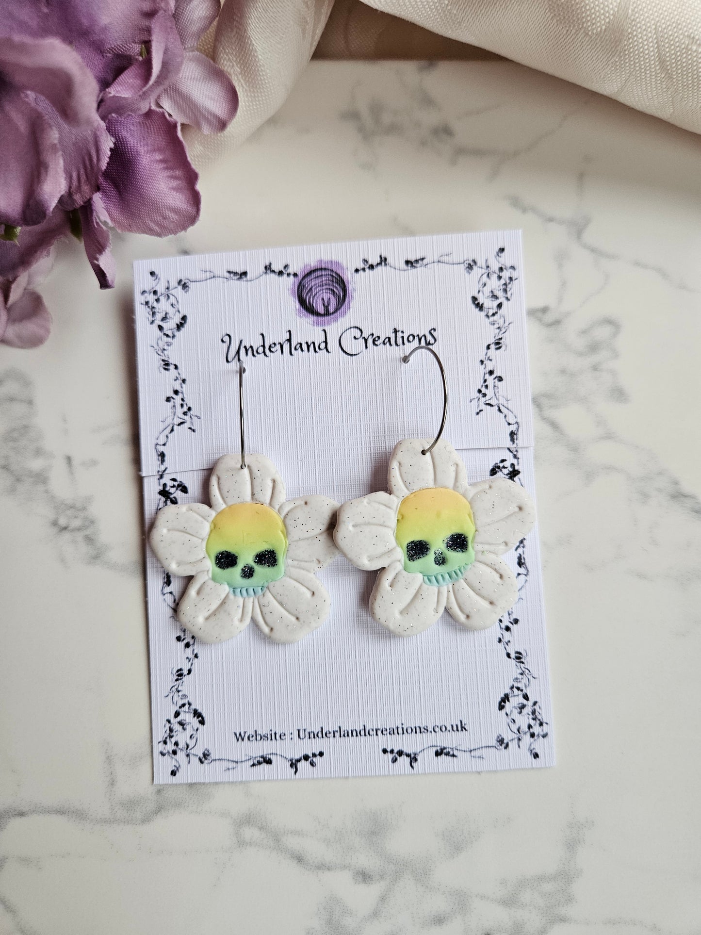 Skull Flower Earrings in "White Sparkles"