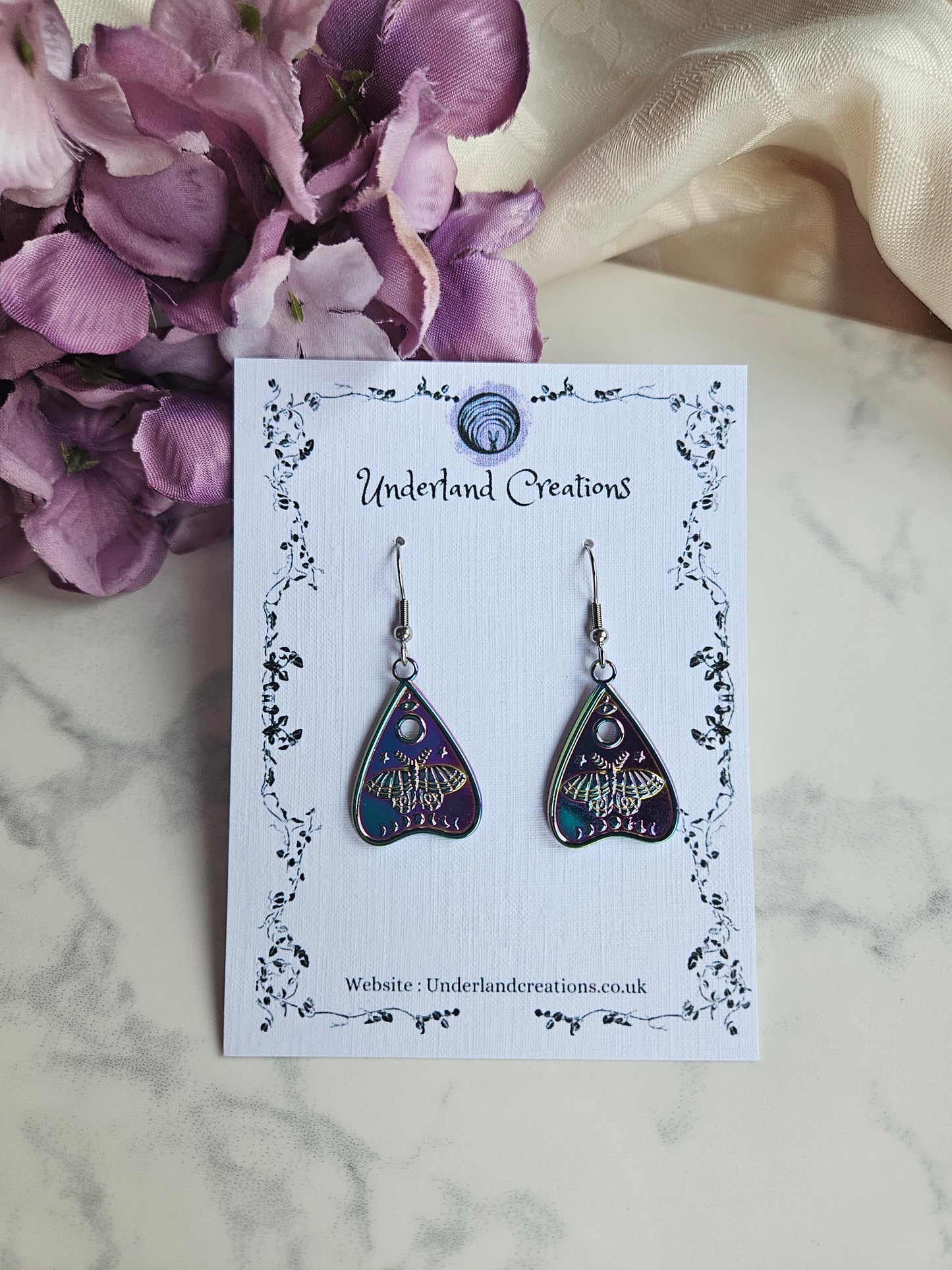 Rainbow Lunar Moth Planchette Earrings