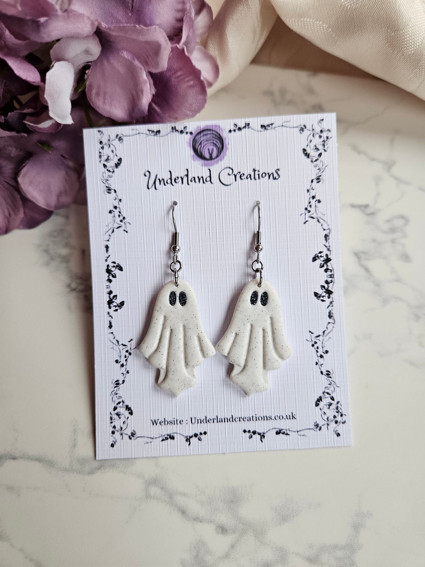 Ghost Earrings in "White Sparkles"