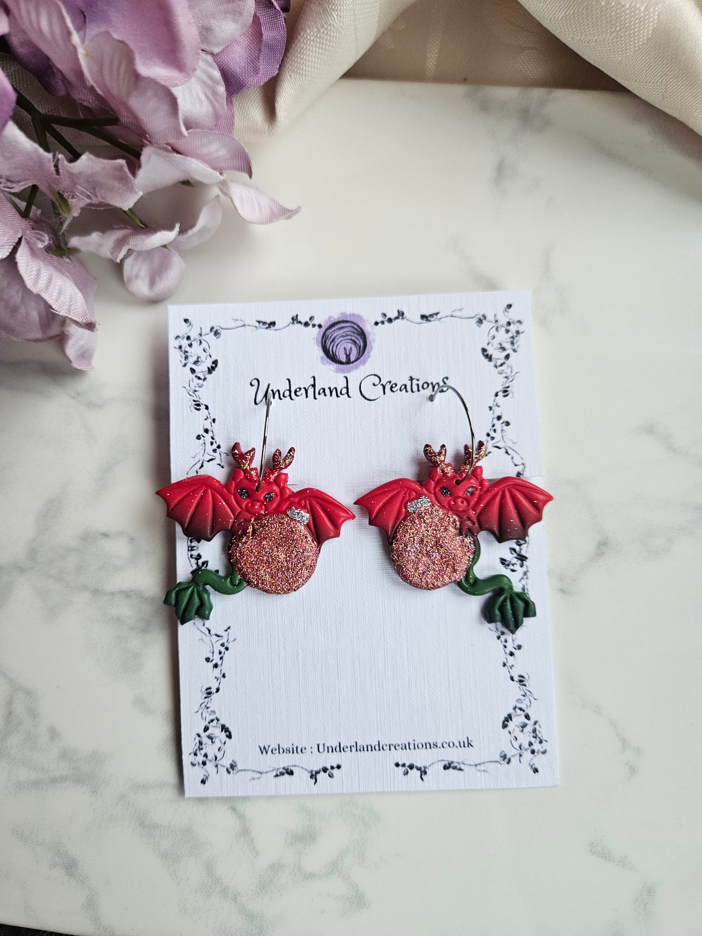 Christmas Dragon Earrings in "Holly Tree"