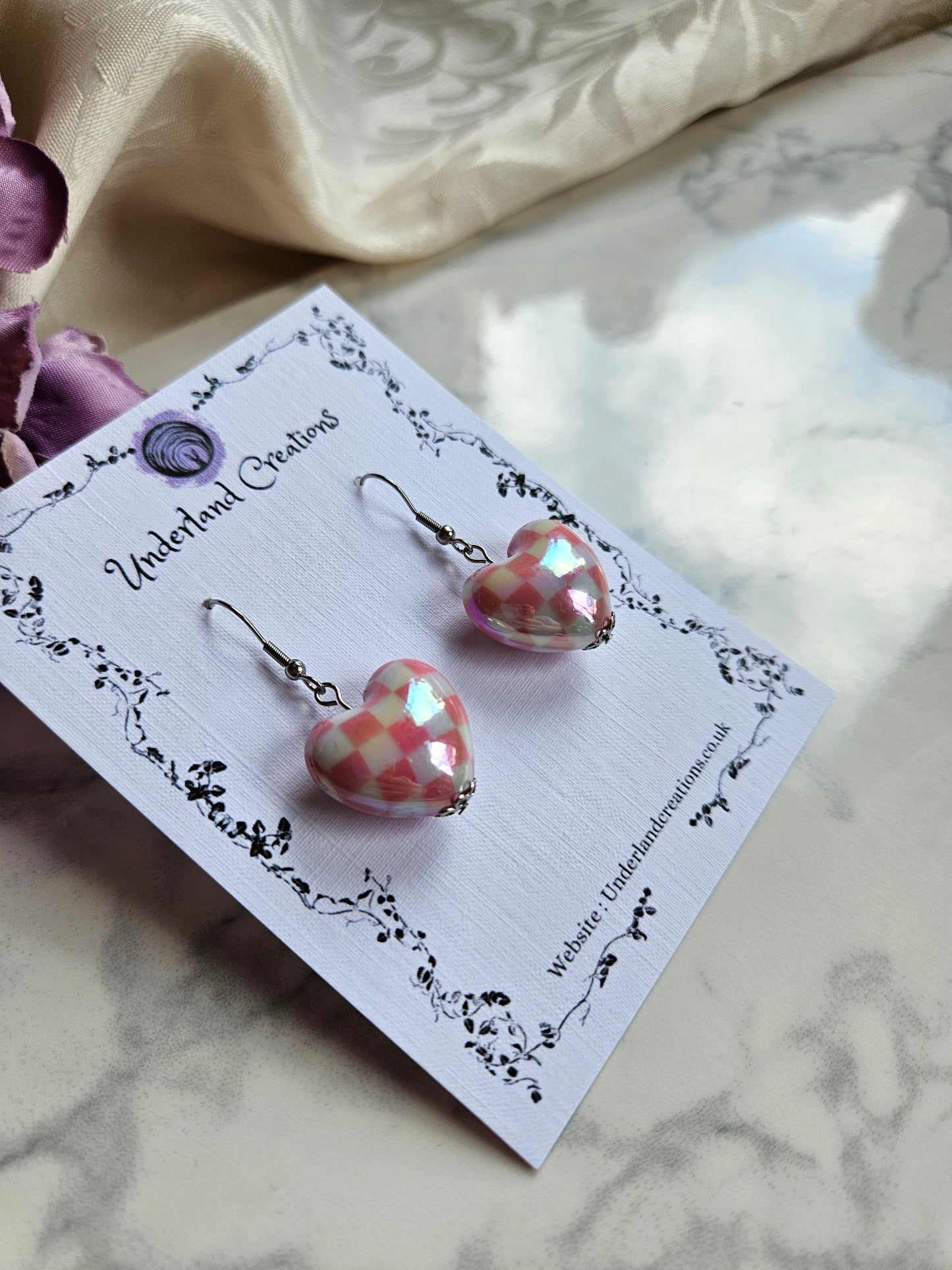 UV Plated Acrylic Checkered Heart Earrings