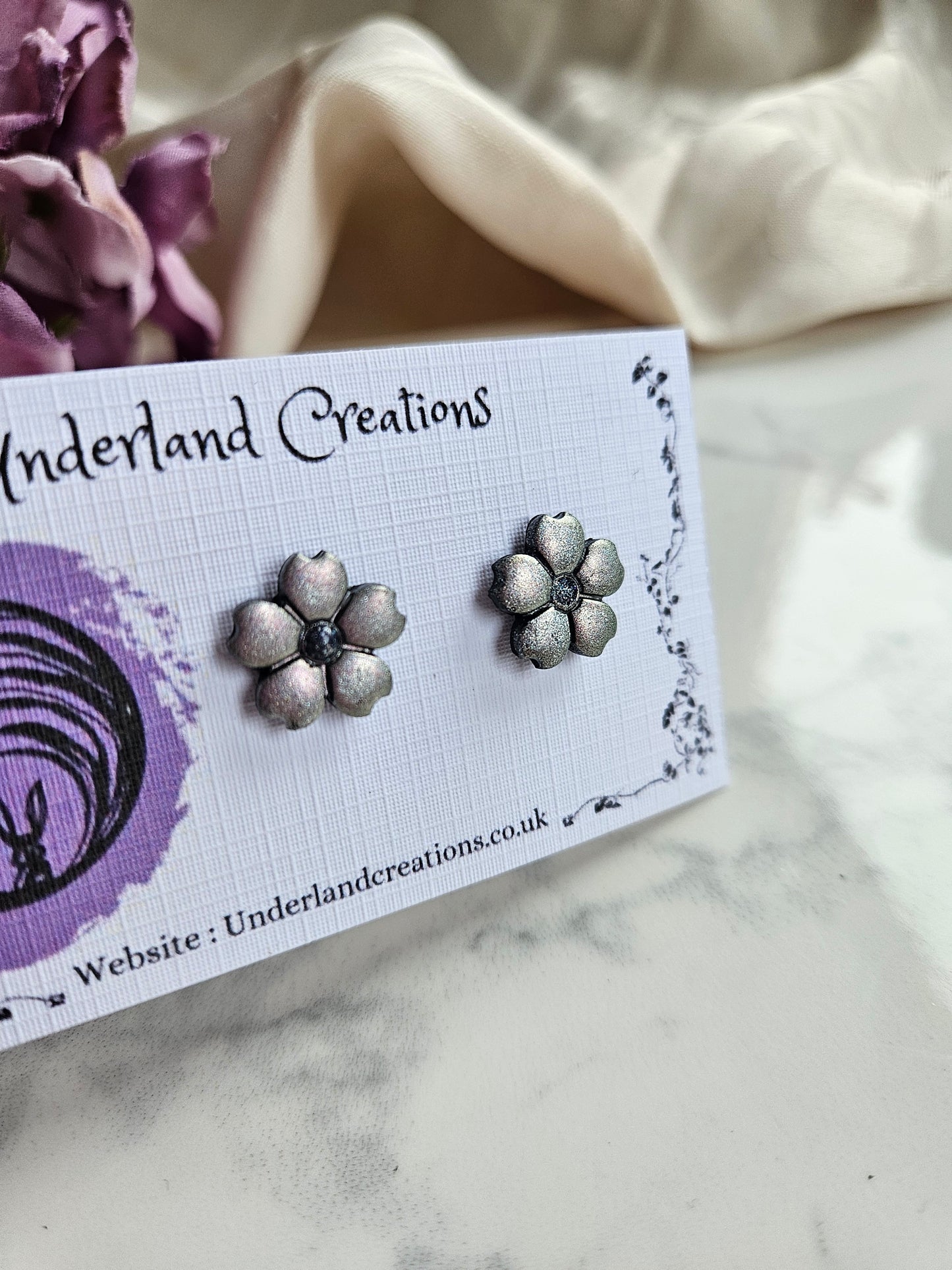 Metallic Silver/Pink Flower Studs