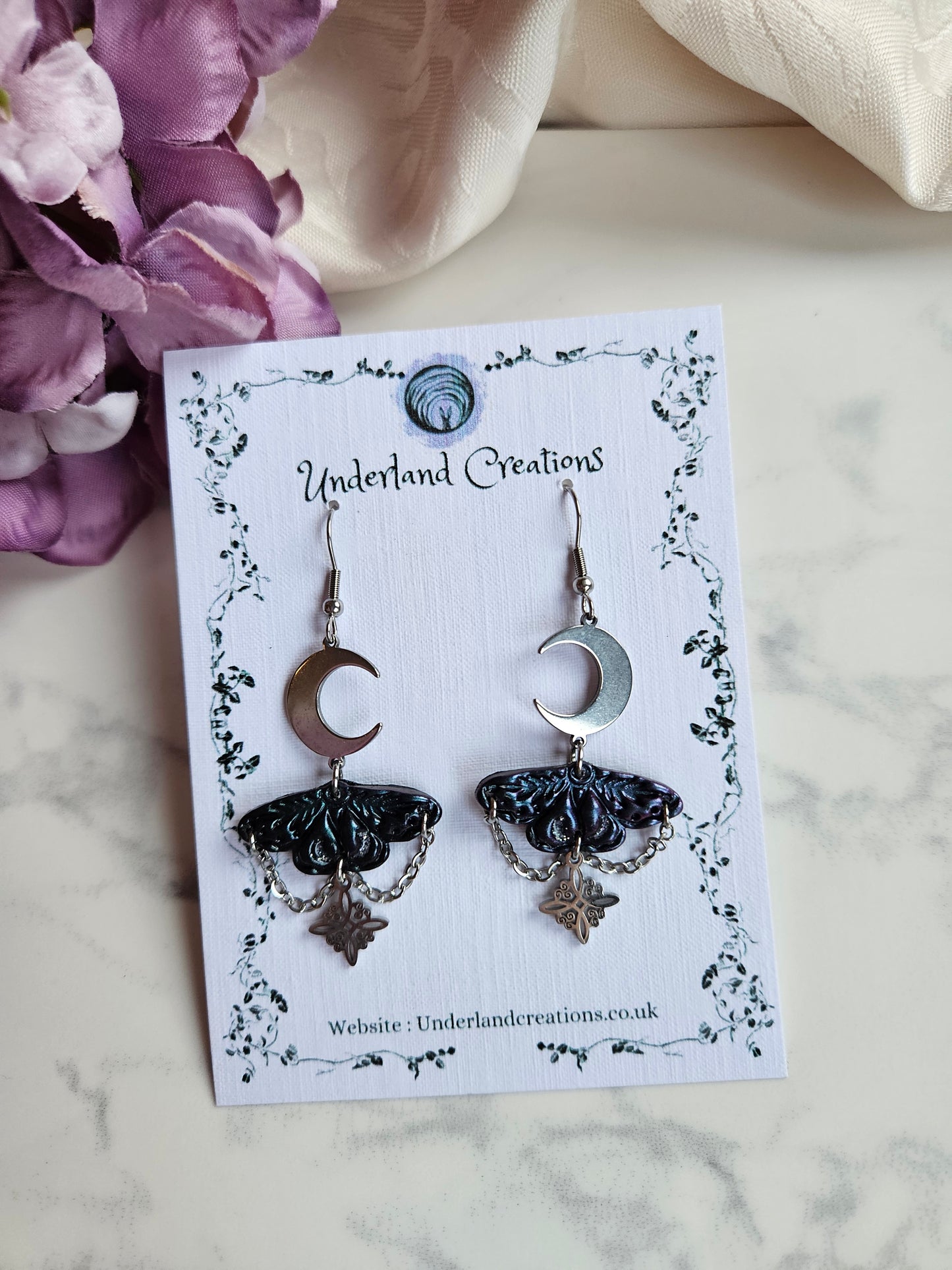 Mini Celestial Moth Earrings in Metallic Blue to Purple
