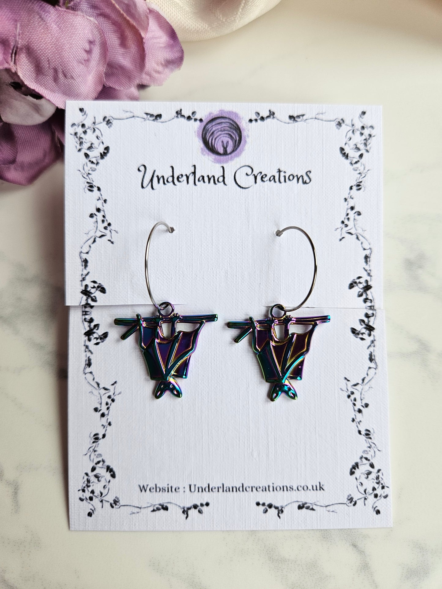 Rainbow Steel Hanging Bat Earrings