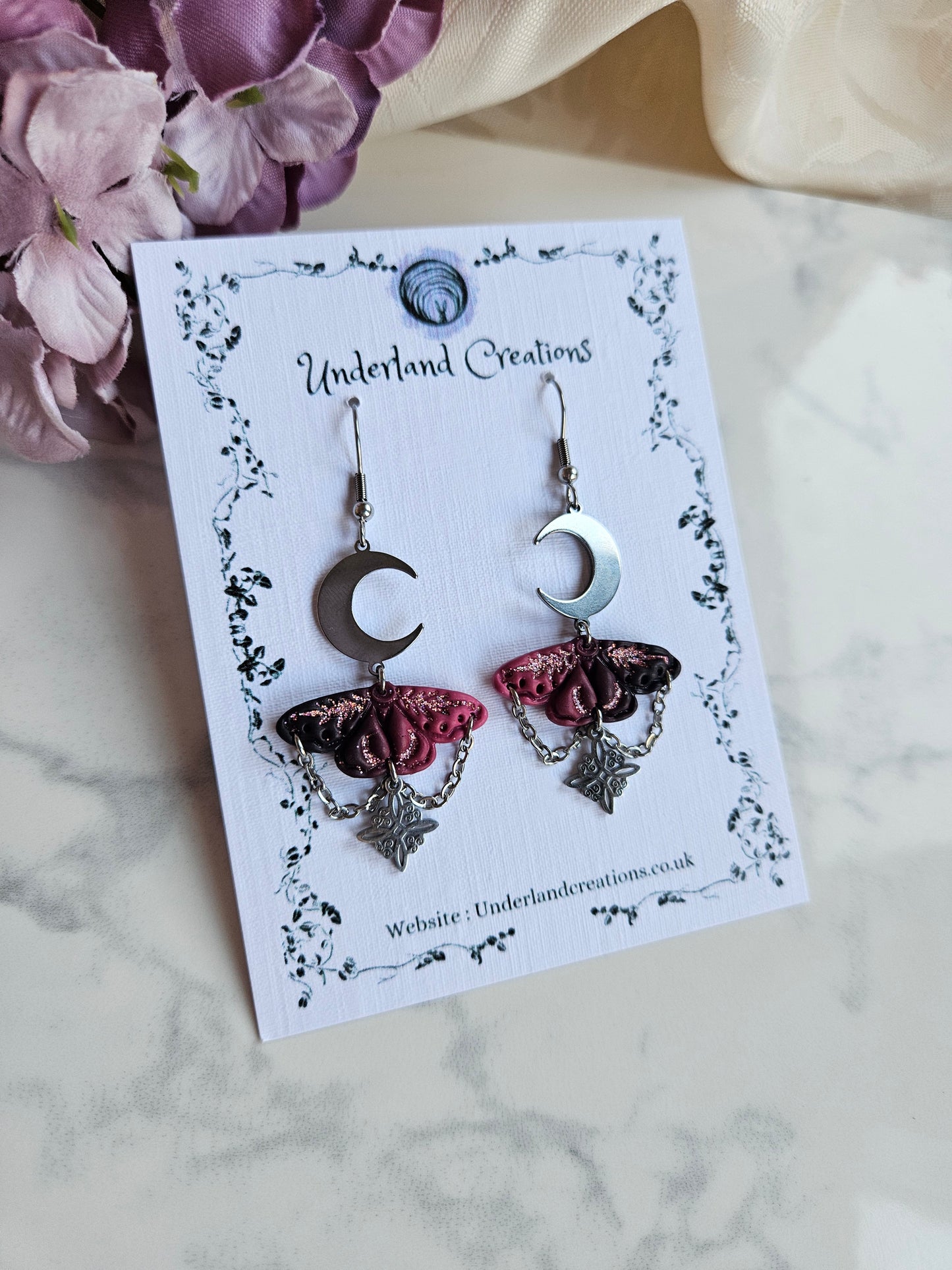 Mini Celestial Moth Earrings in "Cherry Bombe"