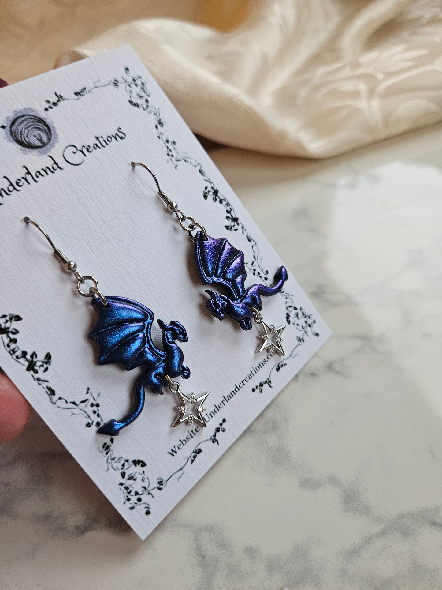 Flying Dragon Earrings in Metallic Deep Blue/Purple