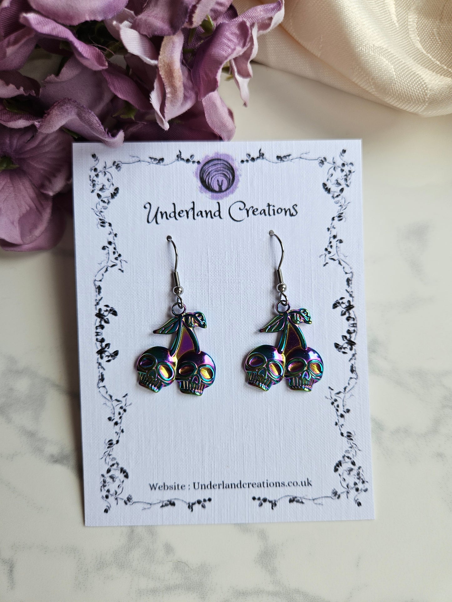 Rainbow Steel Skull Cherry Earrings