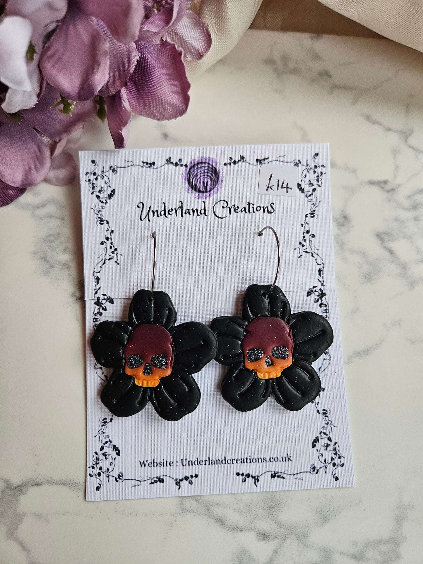 Skull Flower Earrings in "Black Sparkles"
