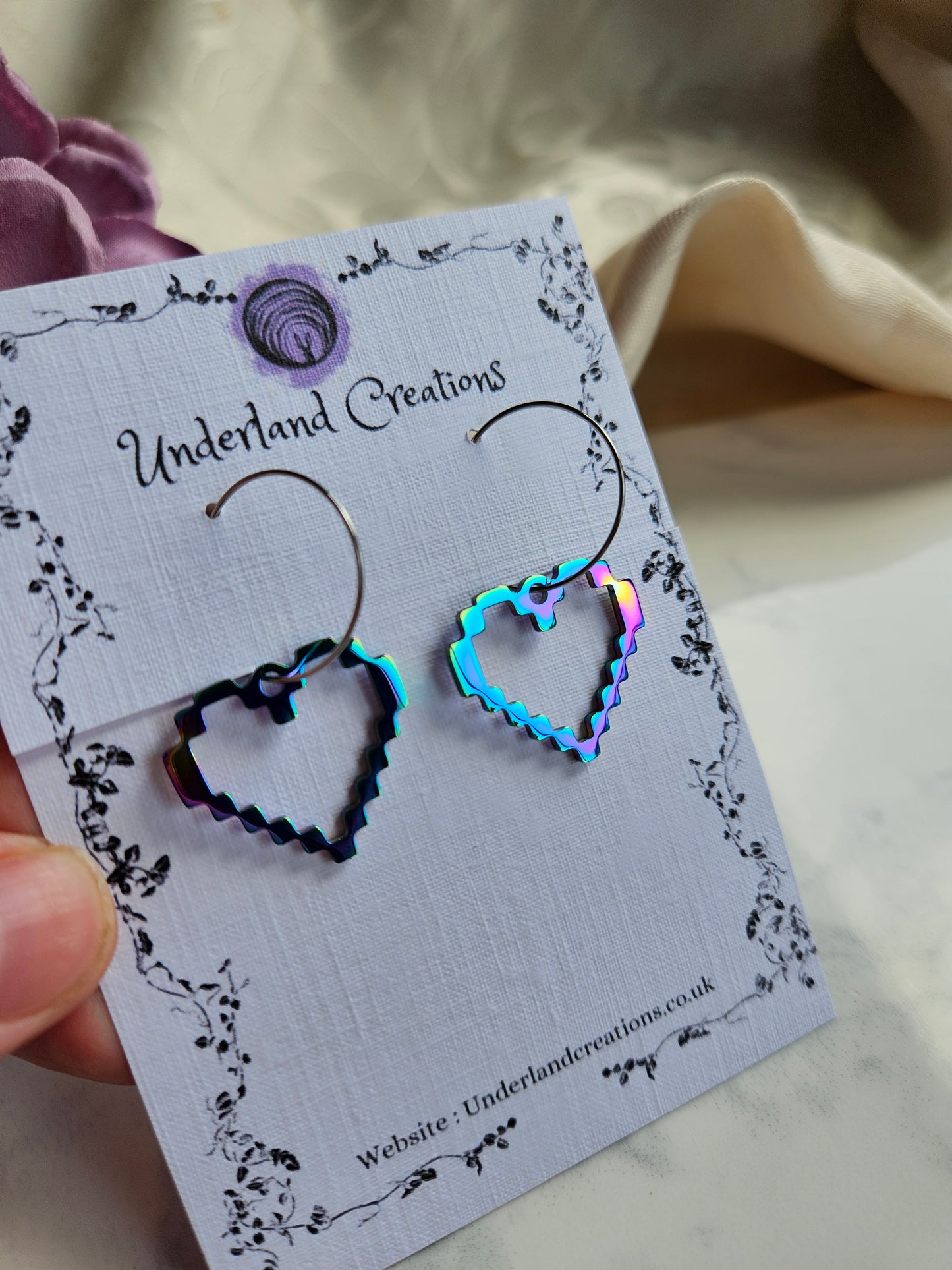 Rainbow Steel Pixel Heart Earrings