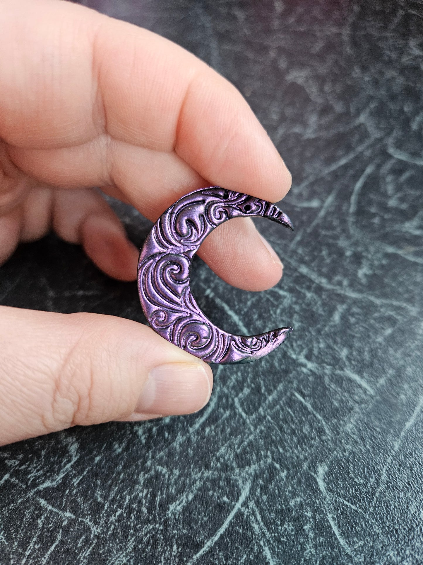 Swirly Moon Necklace in Metallic Purple/Antique Gold