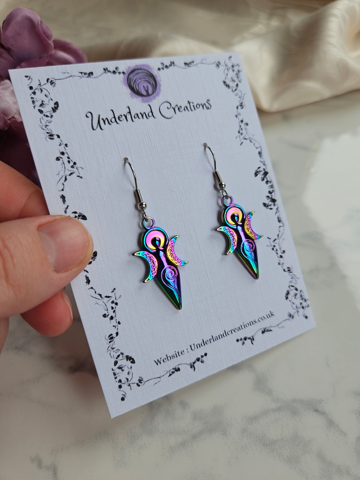 Rainbow Steel Moon Goddess Earrings