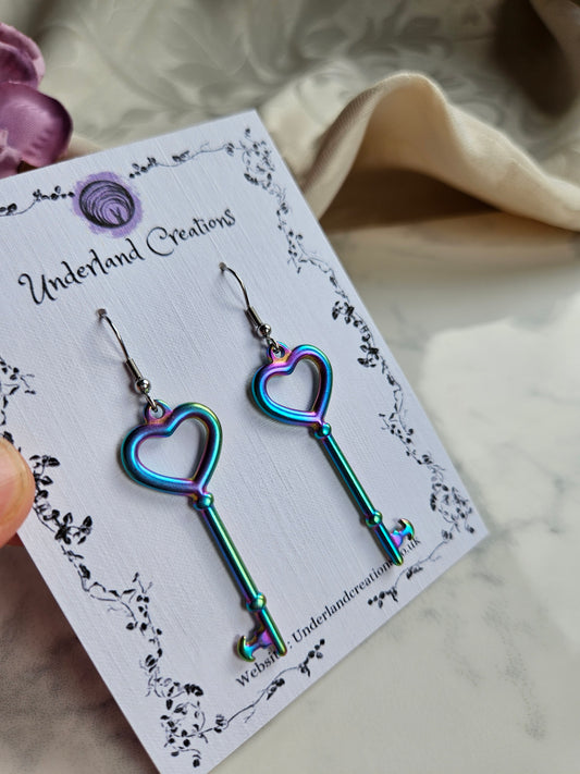 Rainbow Steel Key Earrings