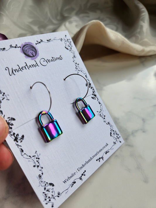 Rainbow Steel Mini Padlock Earrings
