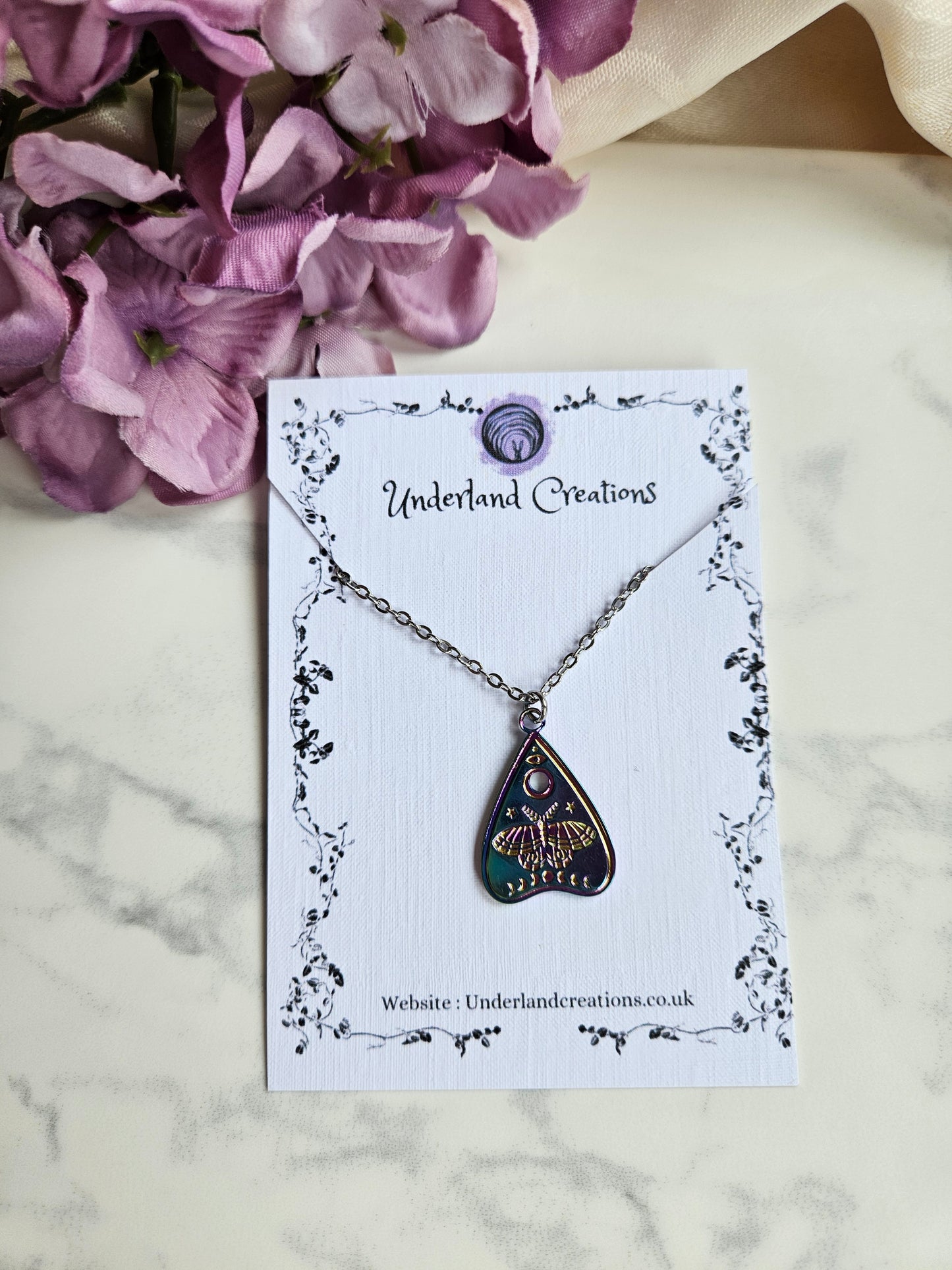 Rainbow Lunar Moth Planchette Necklace