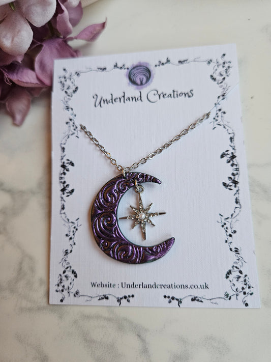 Swirly Moon Necklace in Metallic Purple/Antique Gold