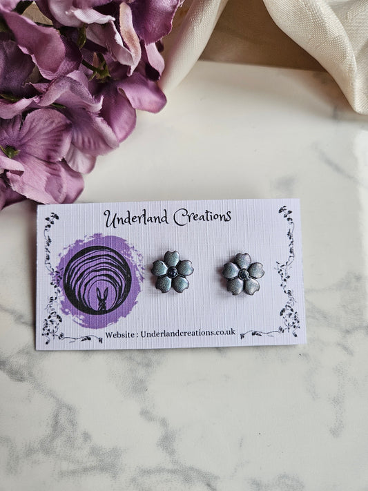 Metallic Silver/Blue Flower Studs