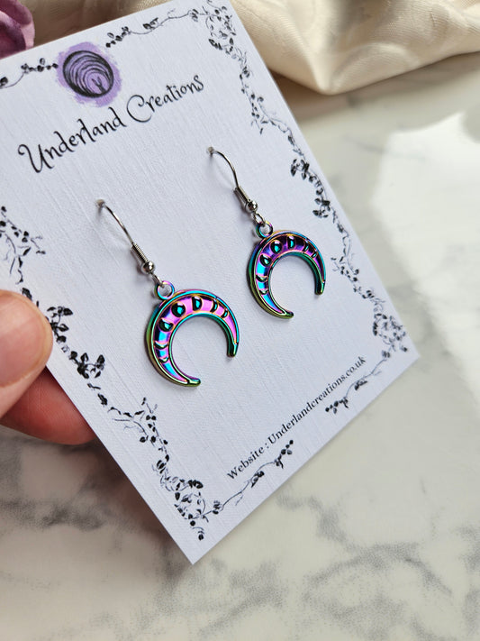 Rainbow Steel Inverted Moon Phase Crescent Earrings