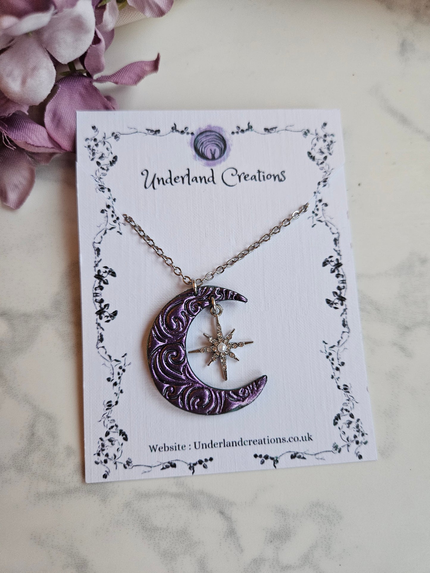 Swirly Moon Necklace in Metallic Purple/Antique Gold