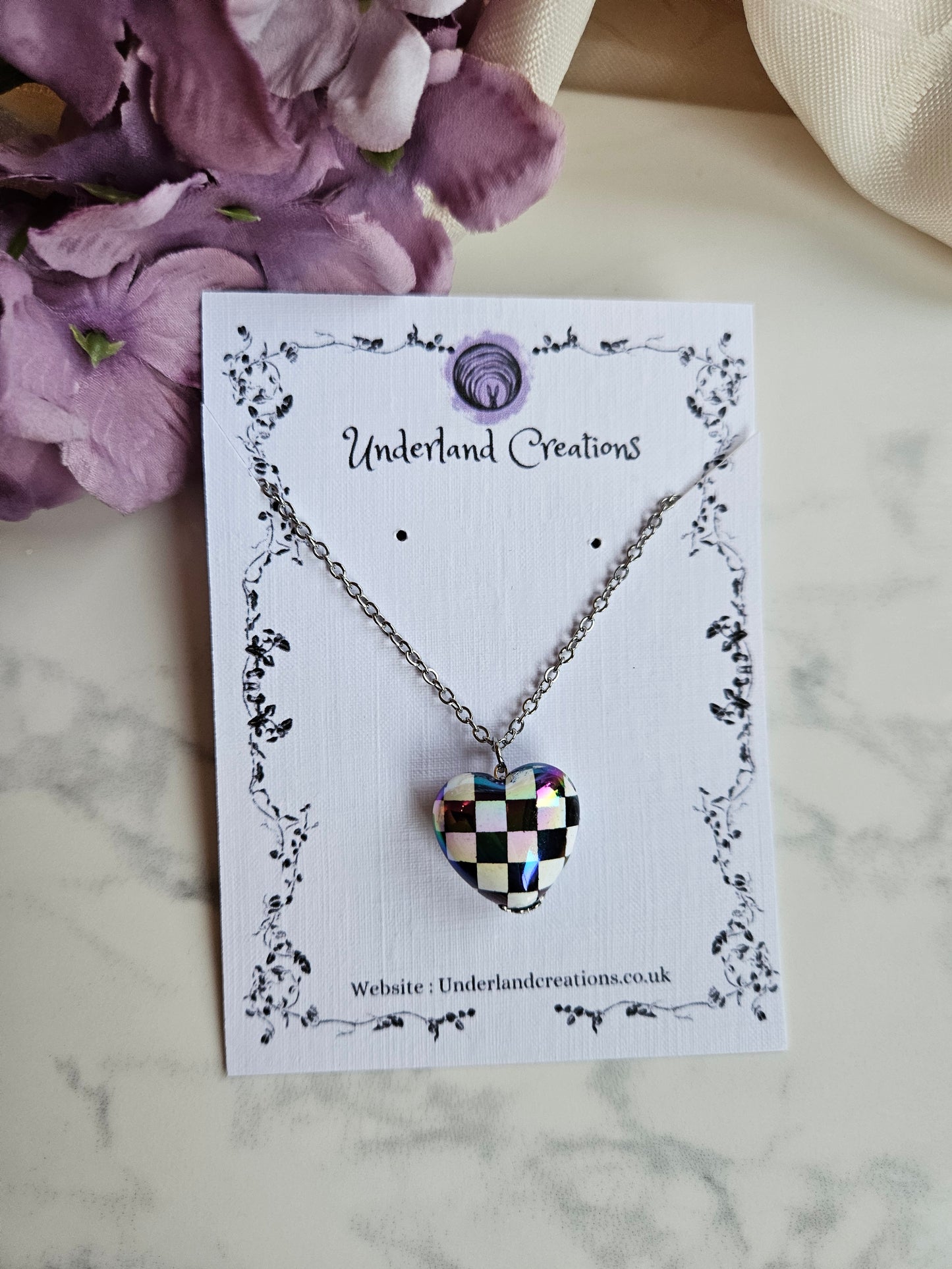 Acrylic Black and White Checkered Heart Necklace
