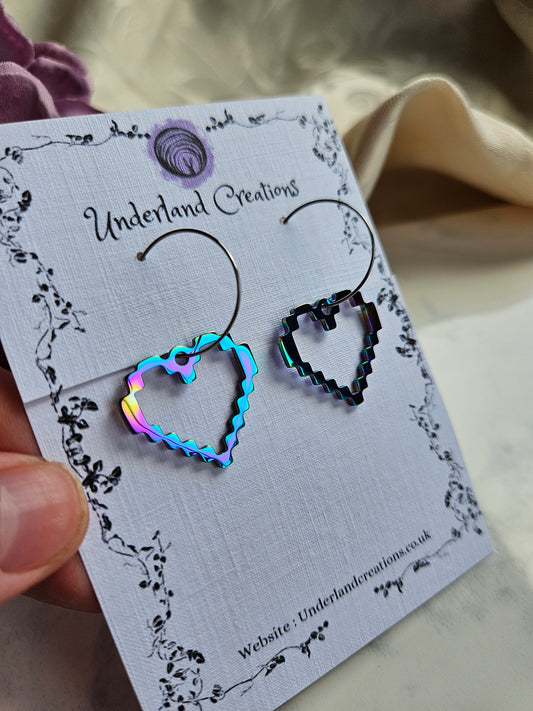 Rainbow Steel Pixel Heart Earrings