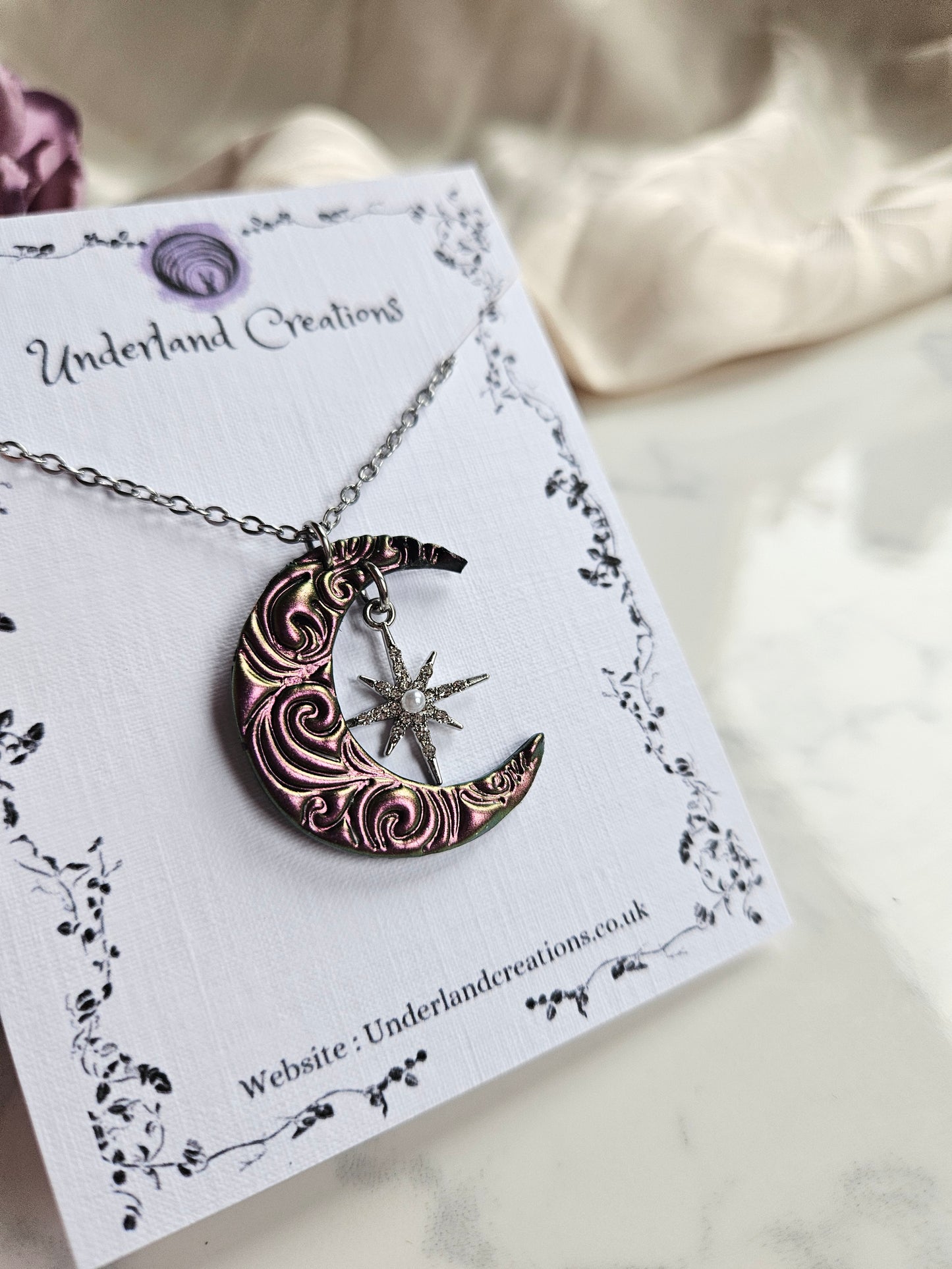Swirly Moon Necklace in Metallic Pink/Gold