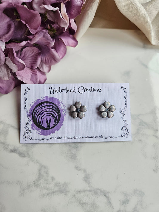 Metallic Silver/Pink Flower Studs