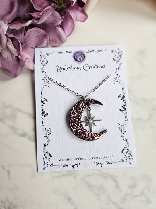 Swirly Moon Necklace in Metallic Pink/Gold