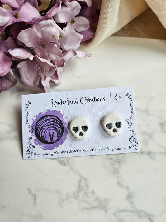 Skull Stud Earrings in "White Sparkles"