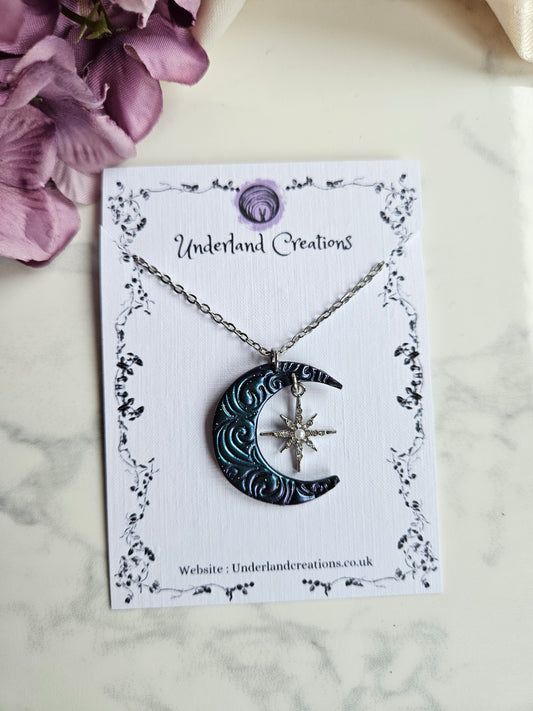 Swirly Moon Necklace in Metallic Purple/Blue