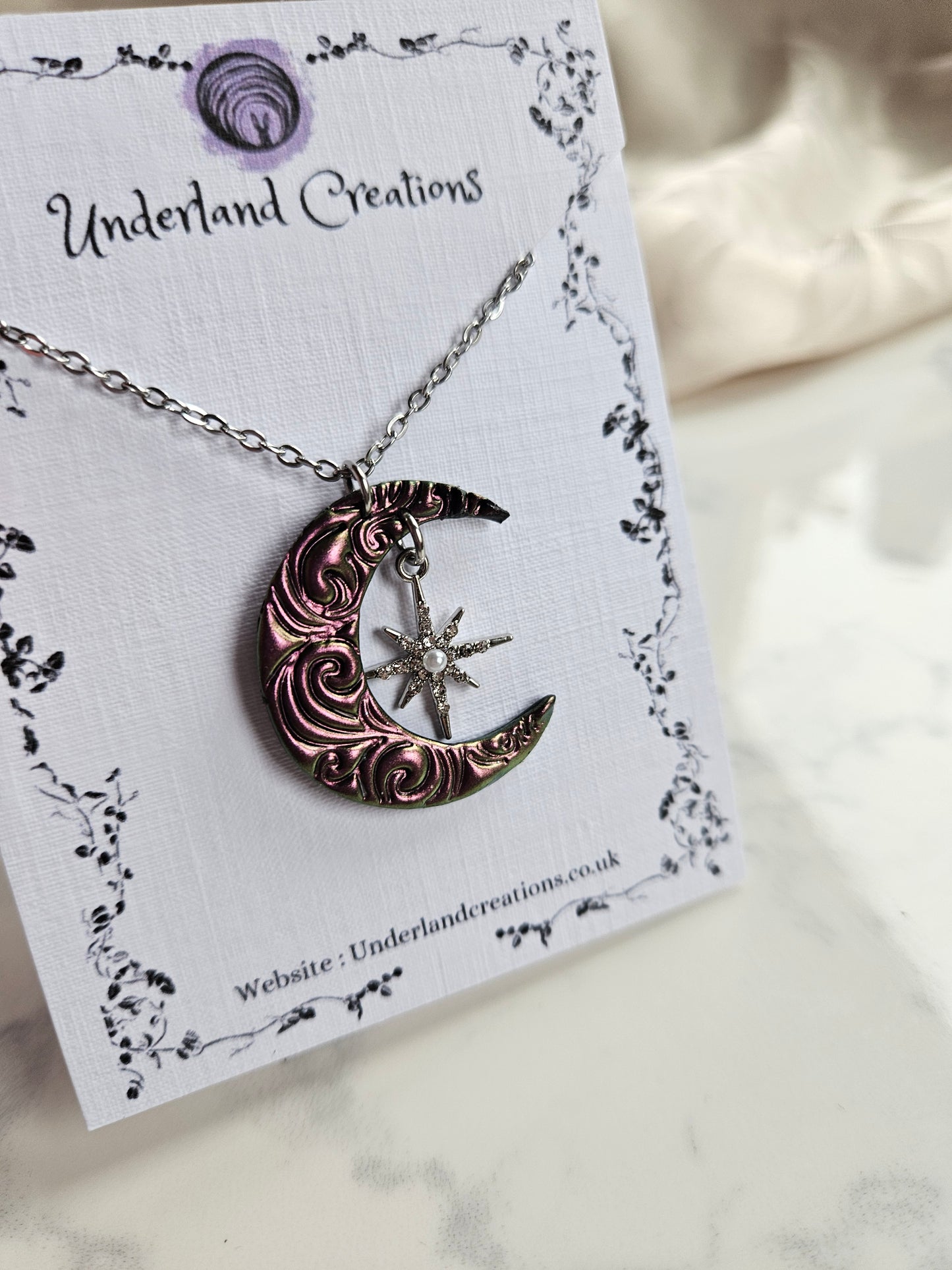Swirly Moon Necklace in Metallic Pink/Gold