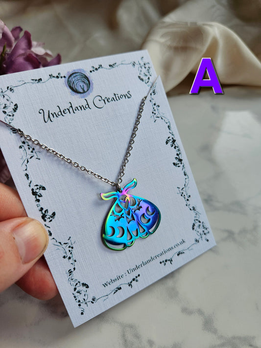 Rainbow Closed Wing Lunar Moth Necklace