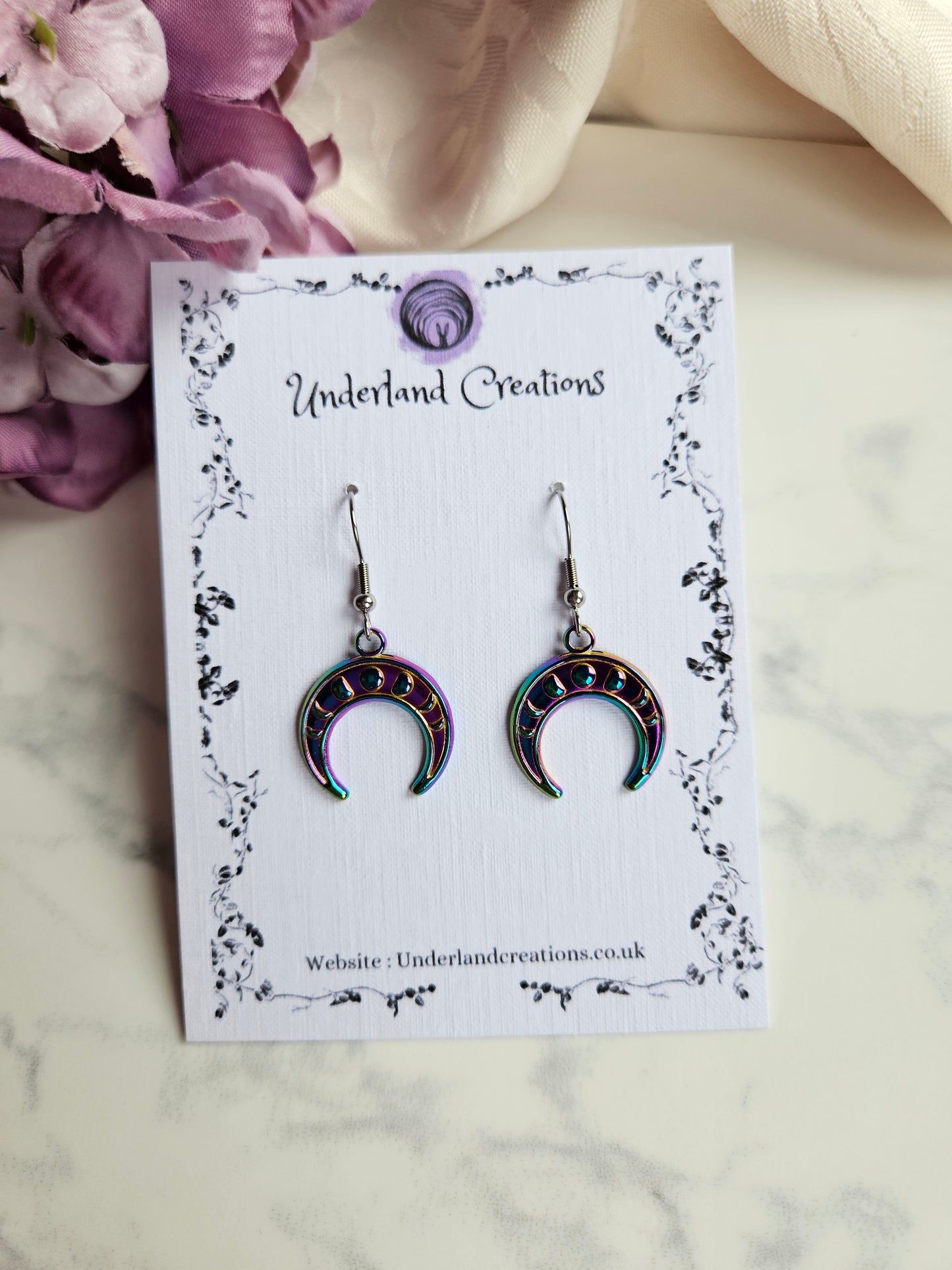 Rainbow Steel Inverted Moon Phase Crescent Earrings