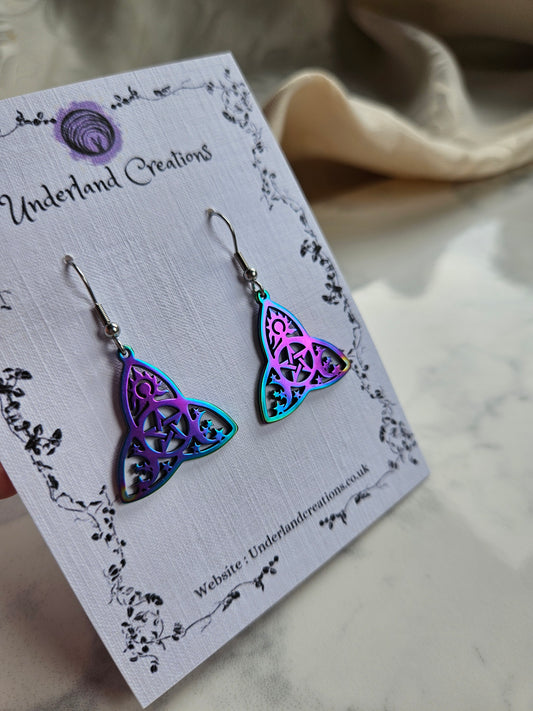 Rainbow Steel Mystical Triquetra Earrings