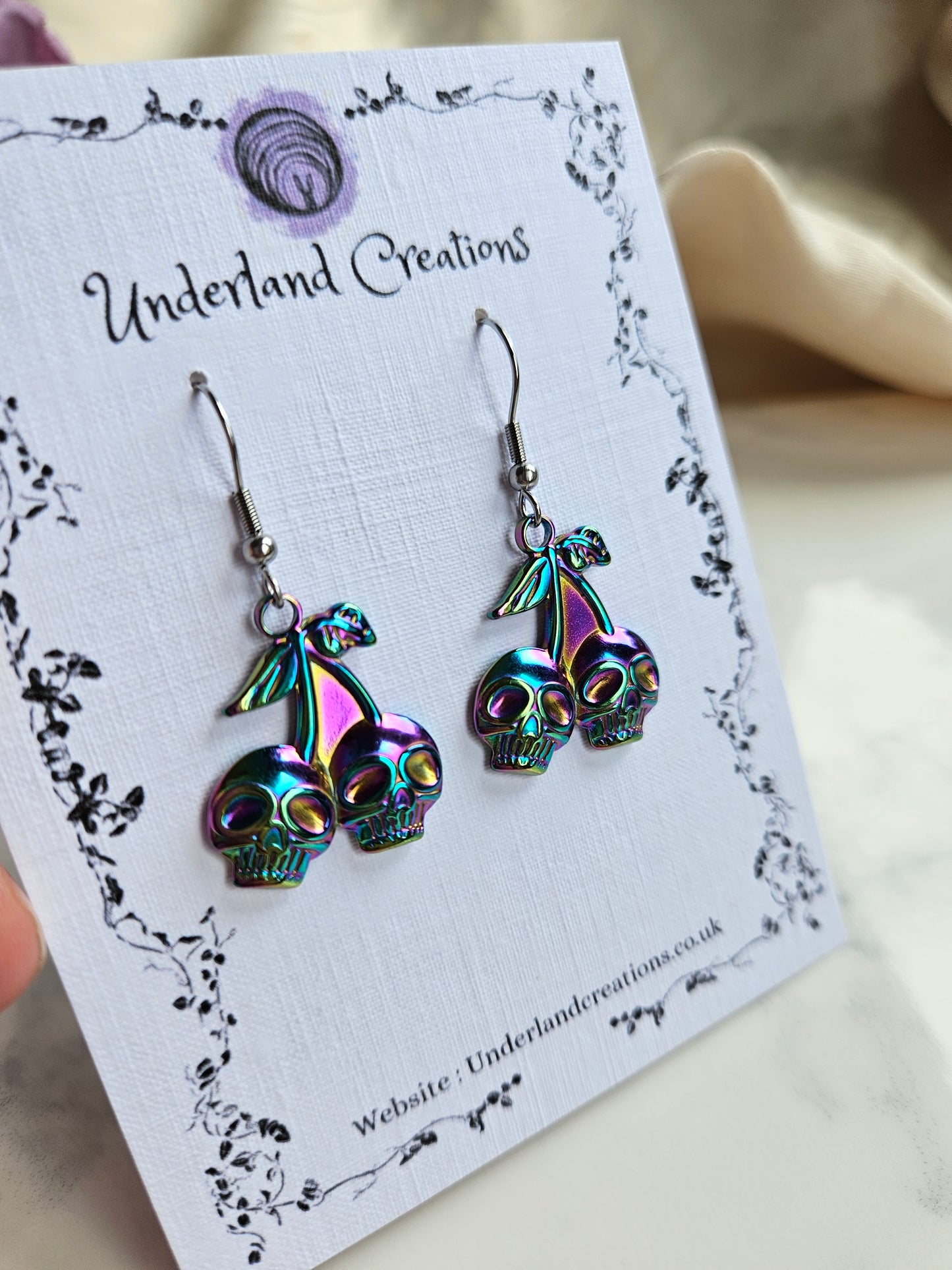 Rainbow Steel Skull Cherry Earrings