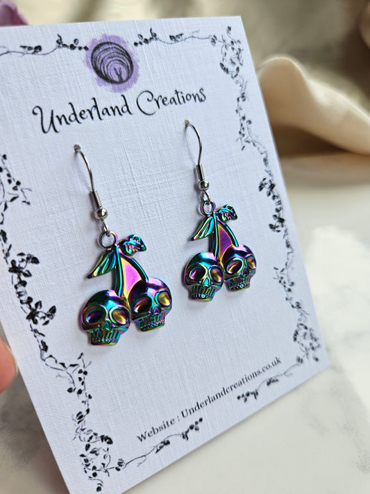 Rainbow Steel Skull Cherry Earrings