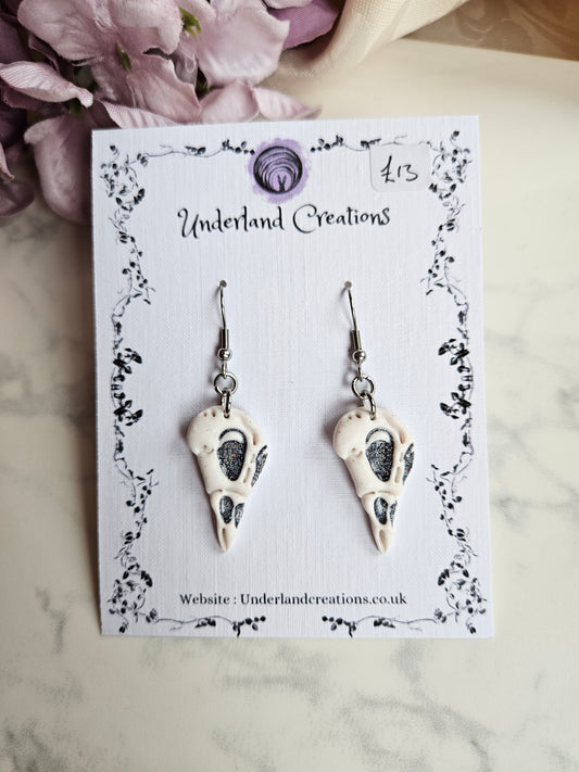 Bird Skull Earrings in "White Sparkles"