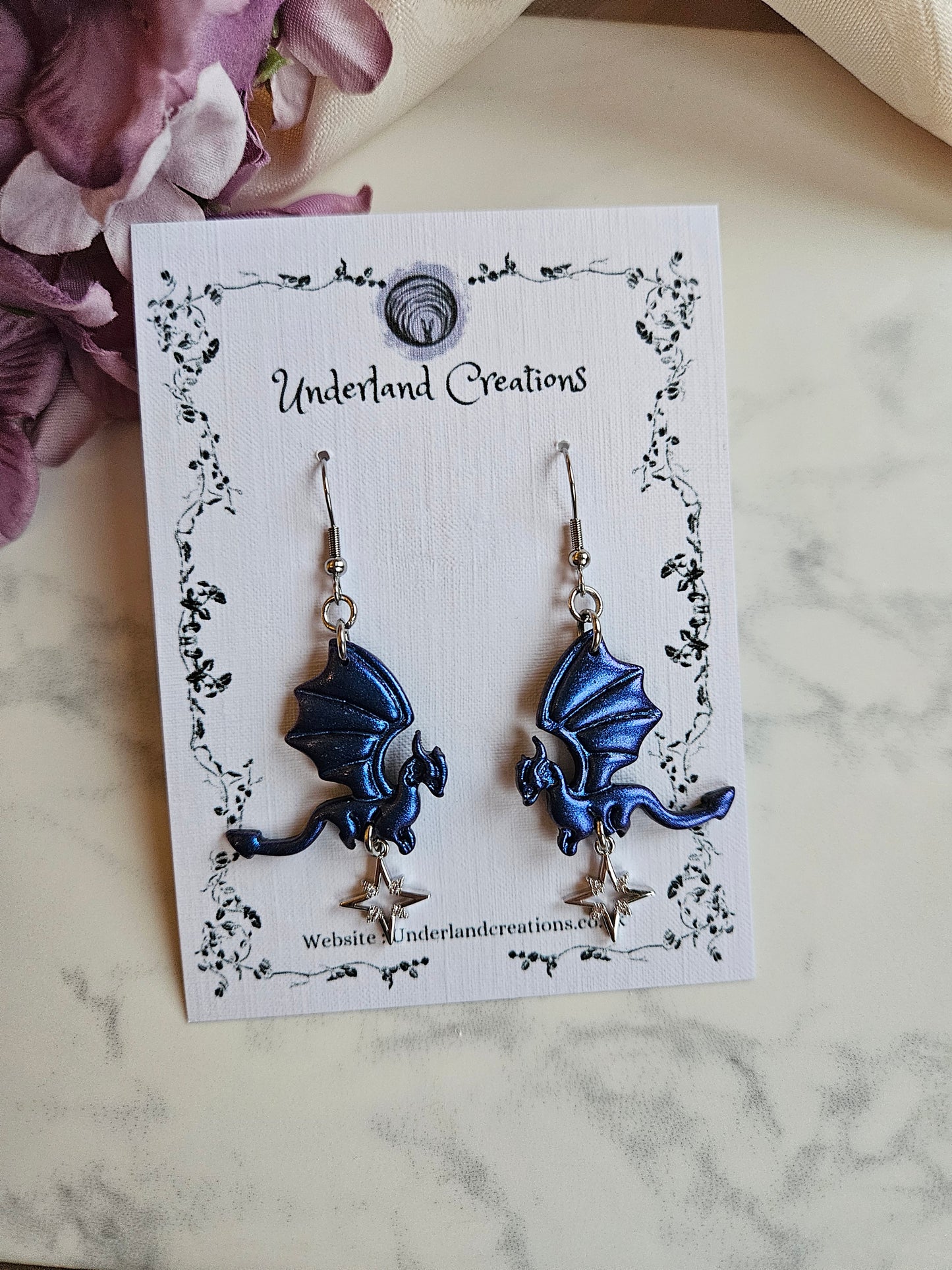 Flying Dragon Earrings in Metallic Deep Blue/Purple