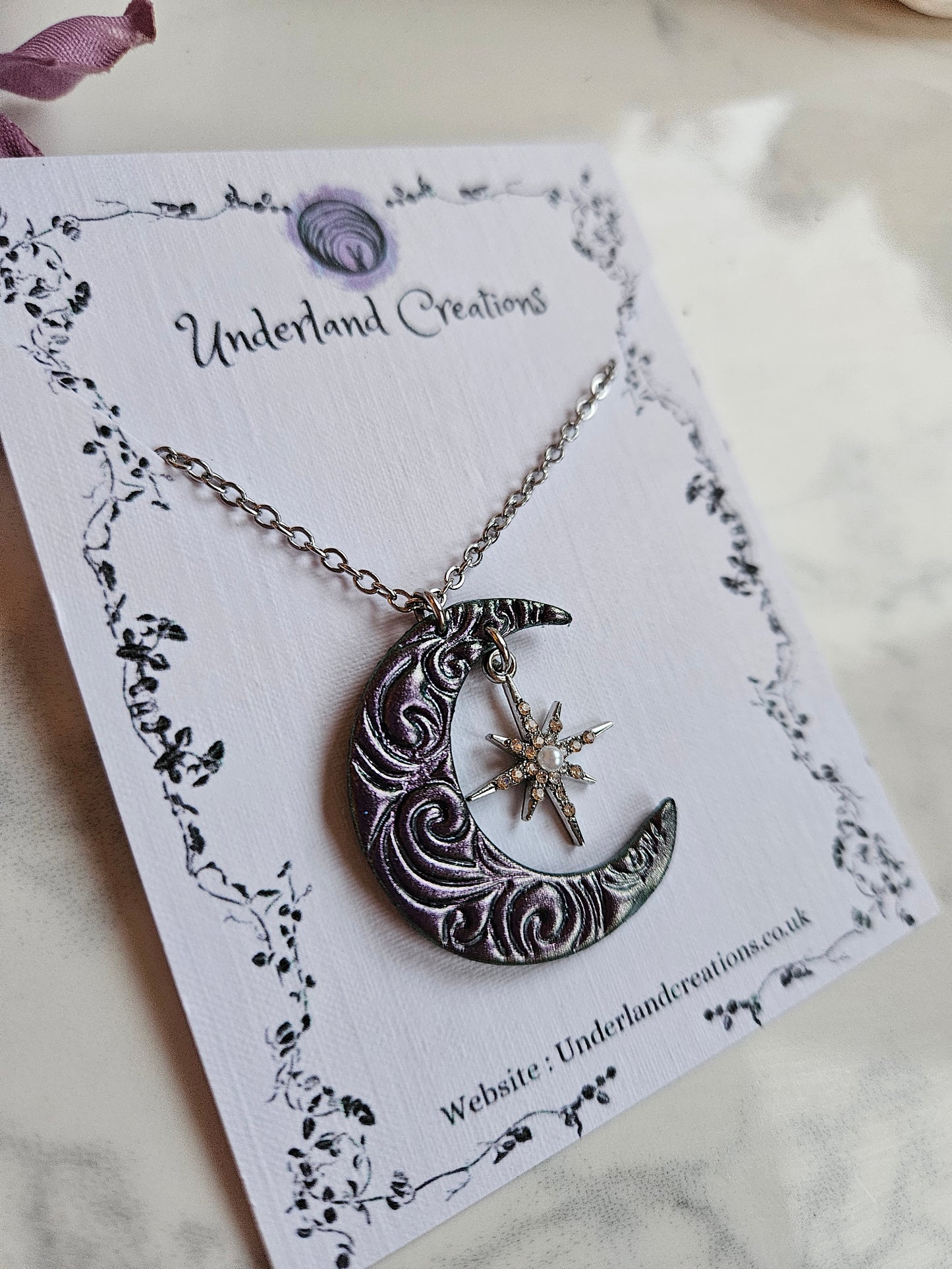 Swirly Moon Necklace in Metallic Purple/Antique Gold