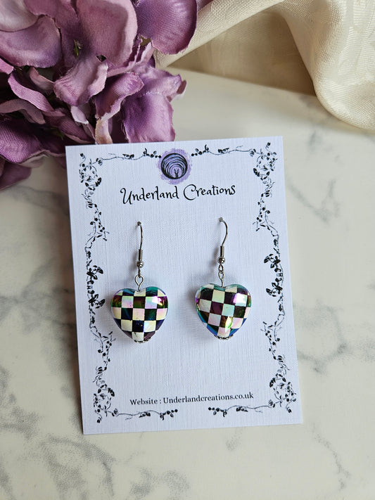 UV Plated Acrylic Checkered Heart Earrings