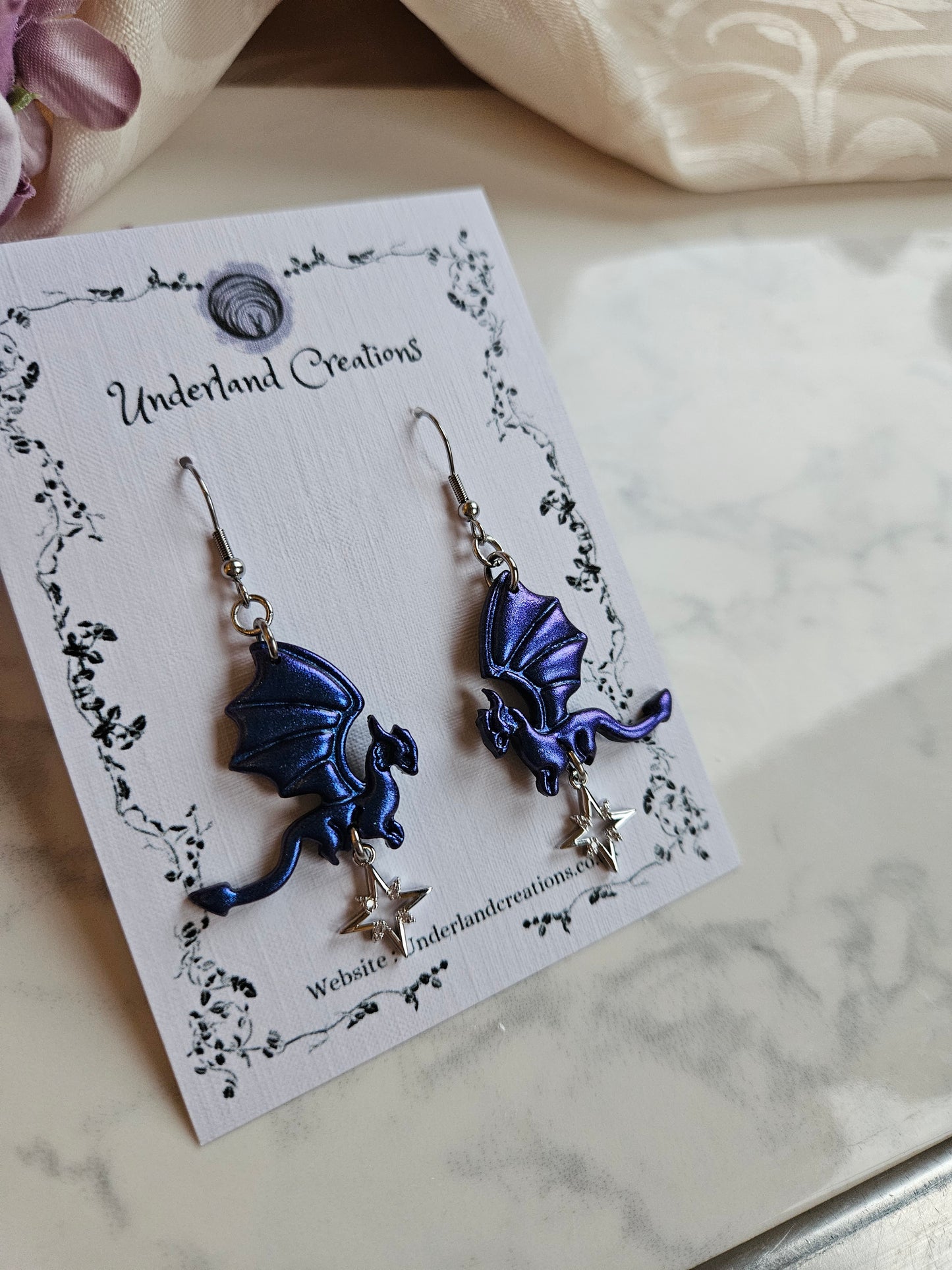 Flying Dragon Earrings in Metallic Deep Blue/Purple